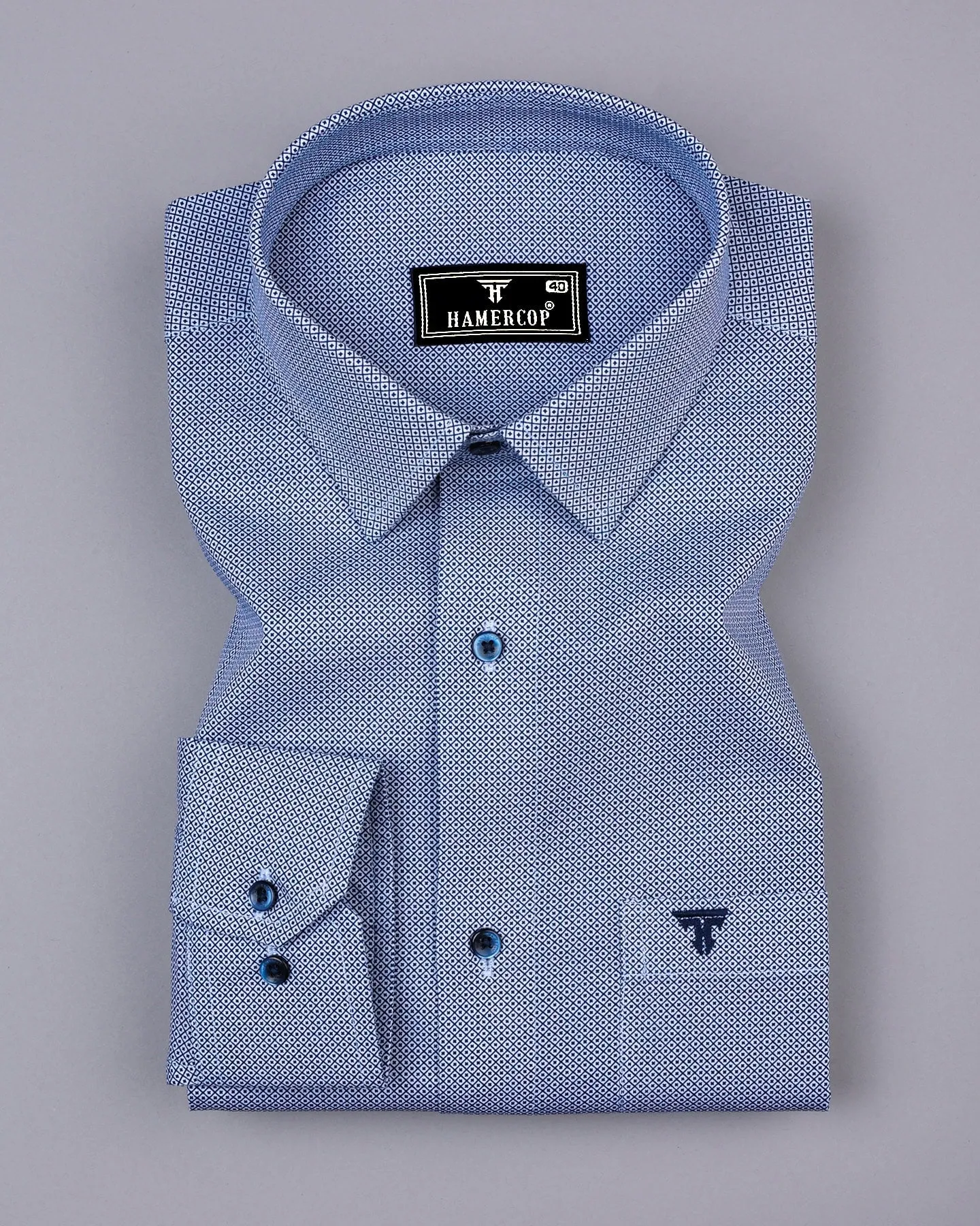 Bilzen Blue With White Printed Cotton Shirt