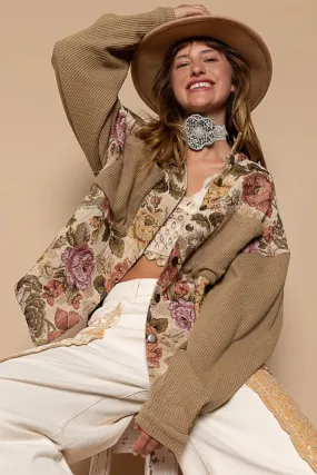 Floral Jacquard Shirt - button down with contrast sleeves.
