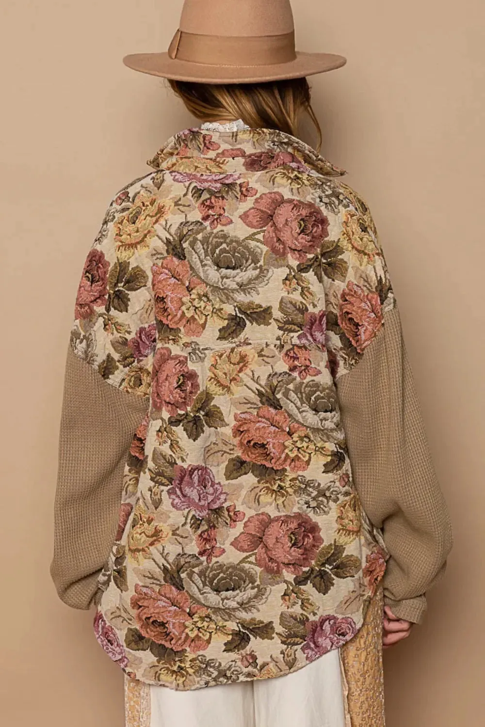 Floral Jacquard Shirt - button down with contrast sleeves.