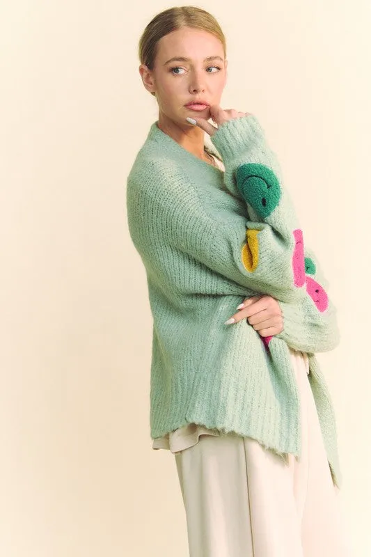 Fuzzy Smile Open Front Green Cardigan