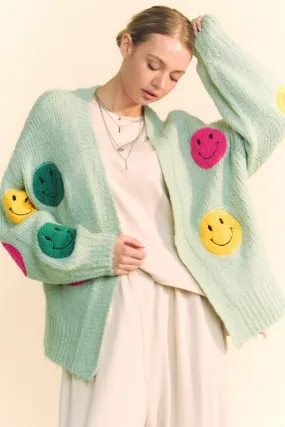 Fuzzy Smile Open Front Green Cardigan