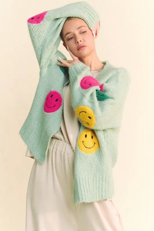 Fuzzy Smile Open Front Green Cardigan