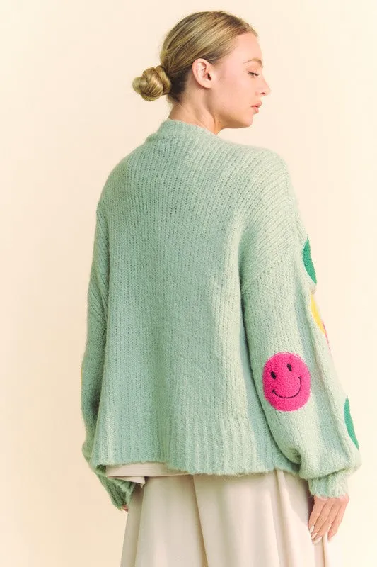 Fuzzy Smile Open Front Green Cardigan