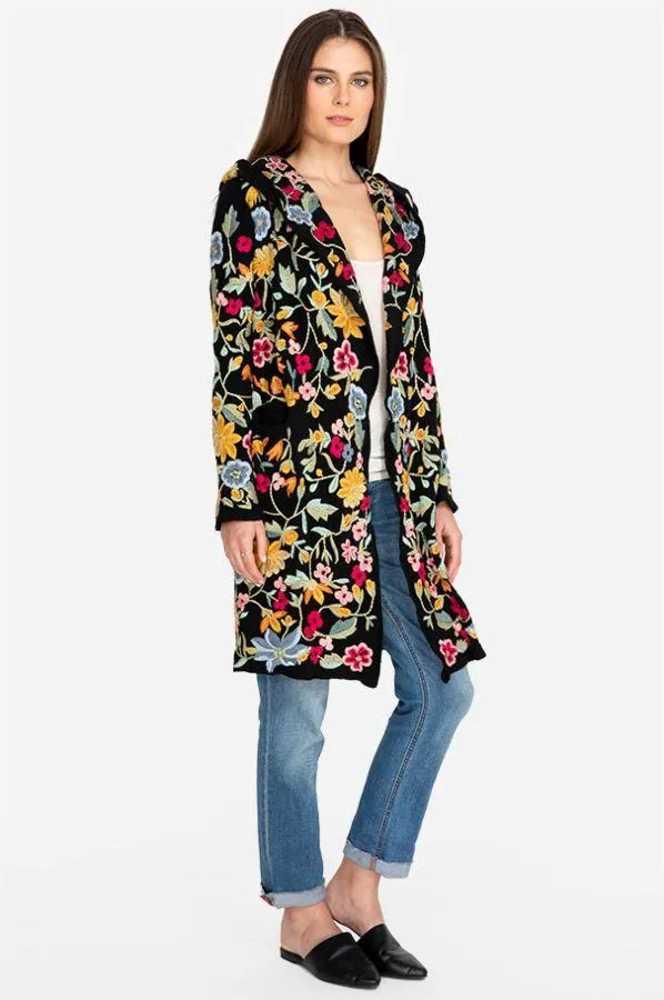Johnny Was SACAI HOODED DUSTER BLACK Jacket Flower Embroidery Floral NEW
