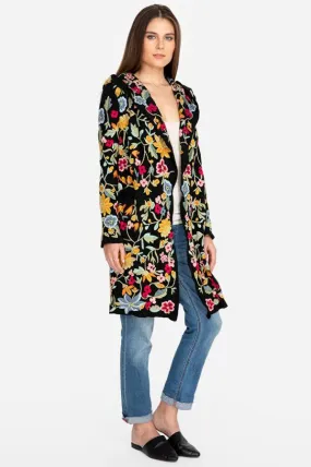 Johnny Was SACAI HOODED DUSTER BLACK Jacket Flower Embroidery Floral NEW