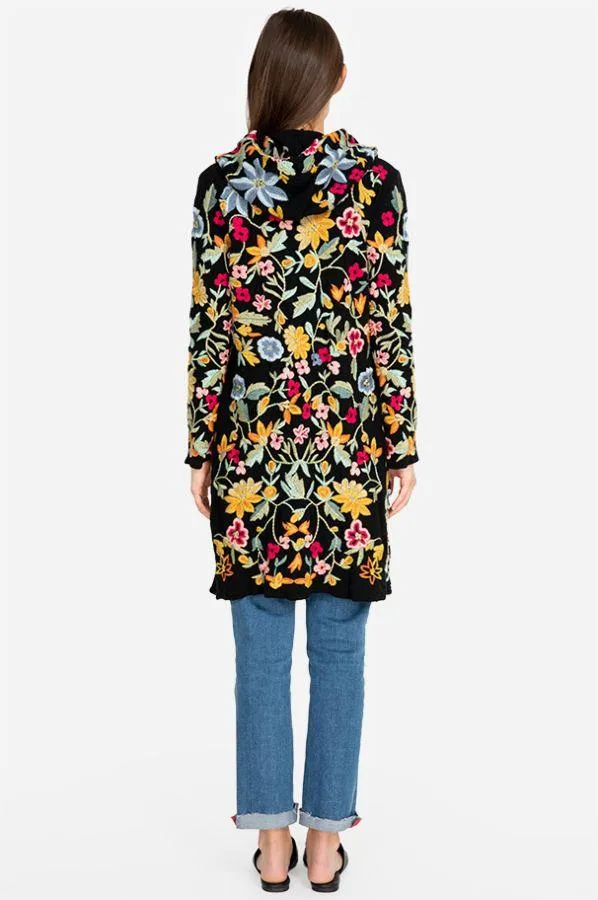 Johnny Was SACAI HOODED DUSTER BLACK Jacket Flower Embroidery Floral NEW