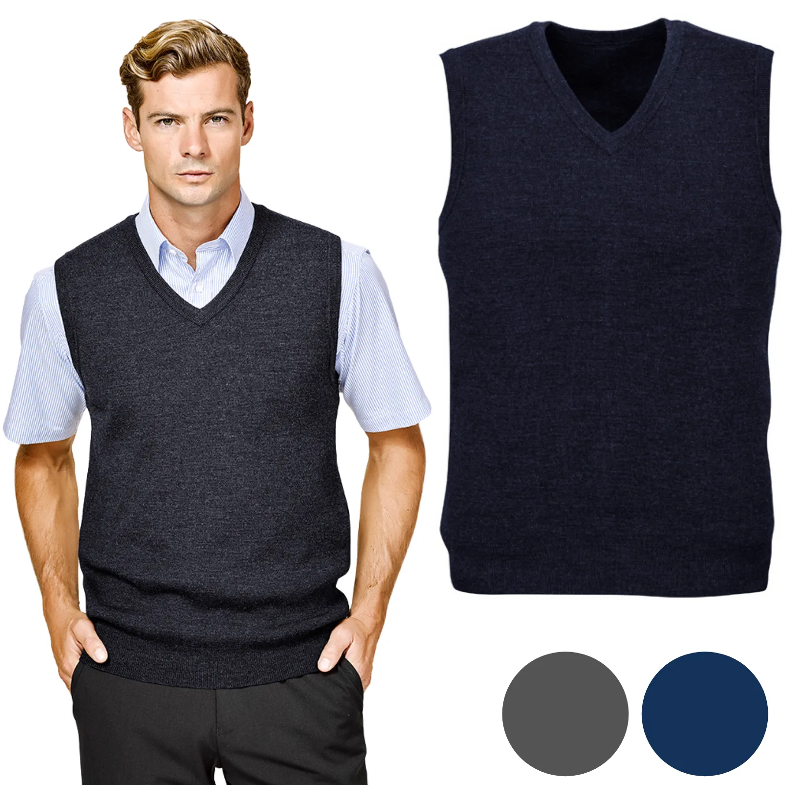 Mens Wool Blend V Neck Vest Sleeveless Double Knit