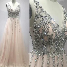 Pretty Sequins Long Tulle V-Neck Prom Evening Gowns