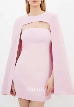 Simple A-Line Scoop Cape Short Satin Semi Formal Dress