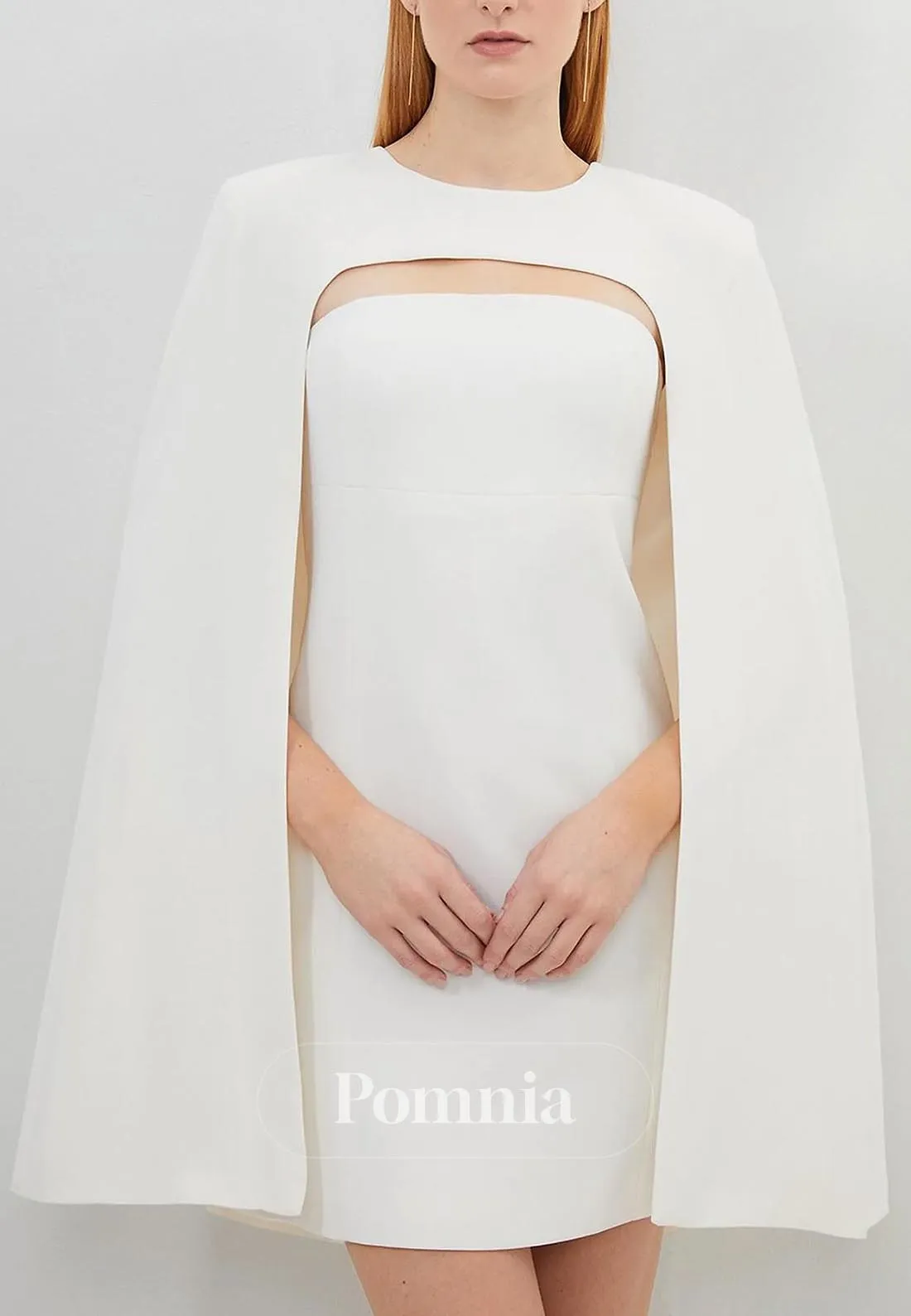Simple A-Line Scoop Cape Short Satin Semi Formal Dress