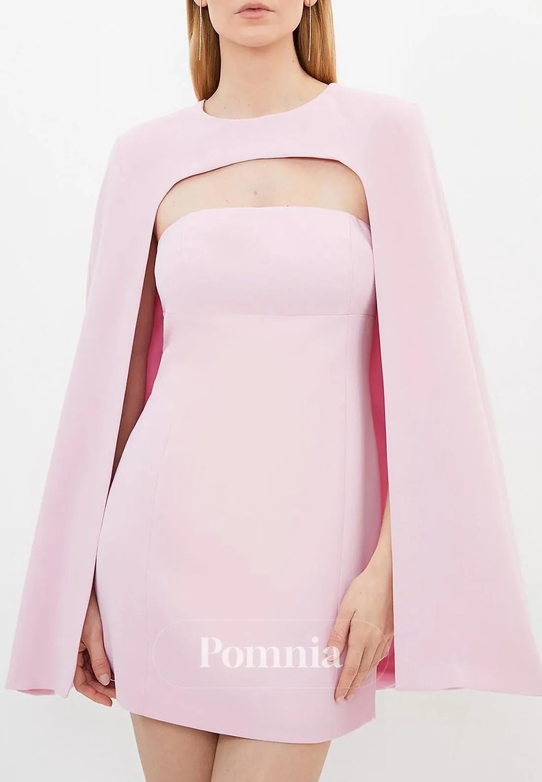 Simple A-Line Scoop Cape Short Satin Semi Formal Dress