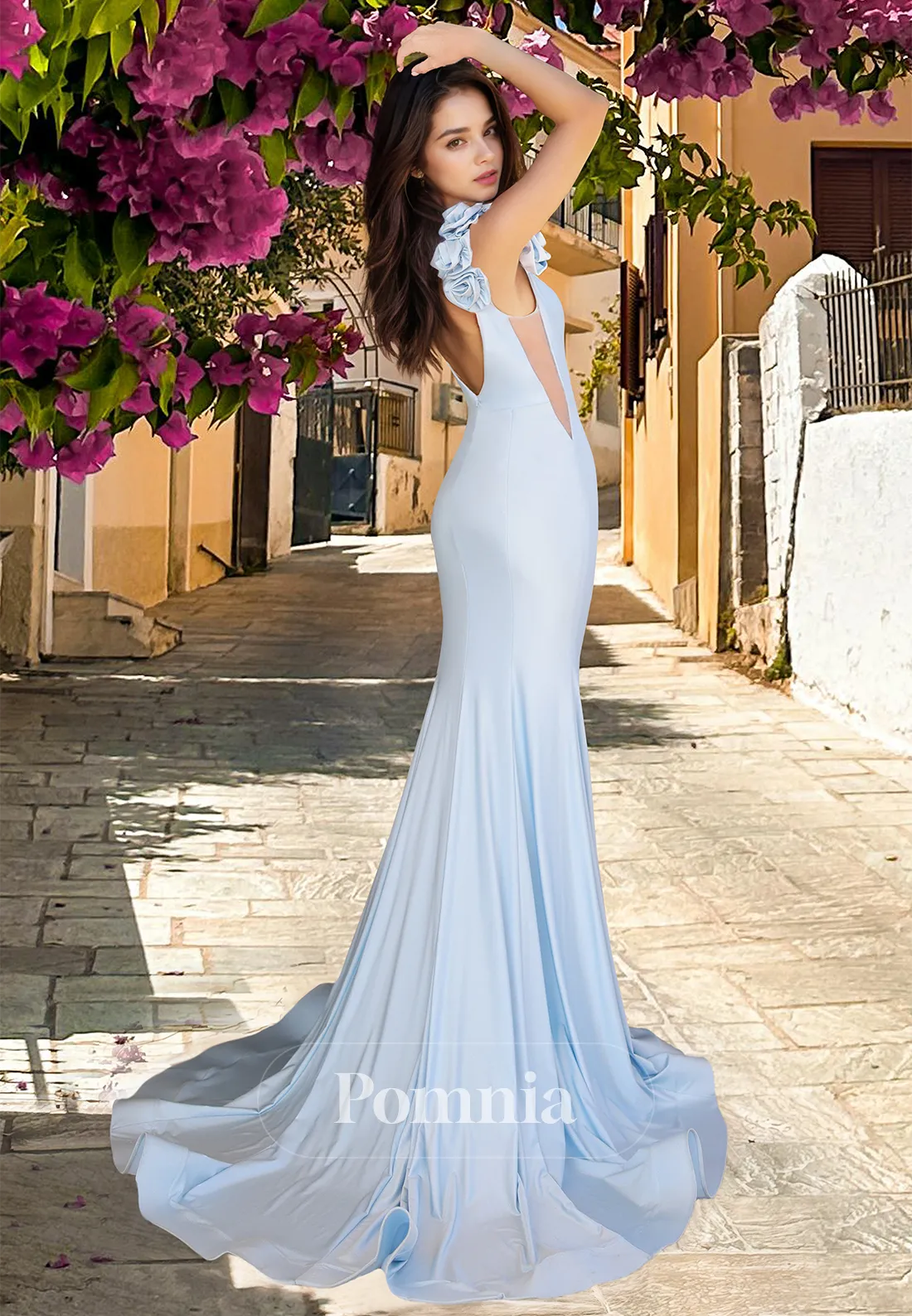 Sky Blue Spaghetti Straps Illusion V-Neck Prom Dress with Train Backless Evening Party Dress