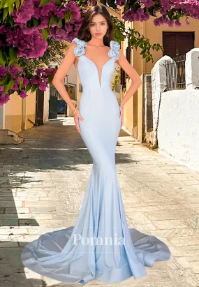 Sky Blue Spaghetti Straps Illusion V-Neck Prom Dress with Train Backless Evening Party Dress
